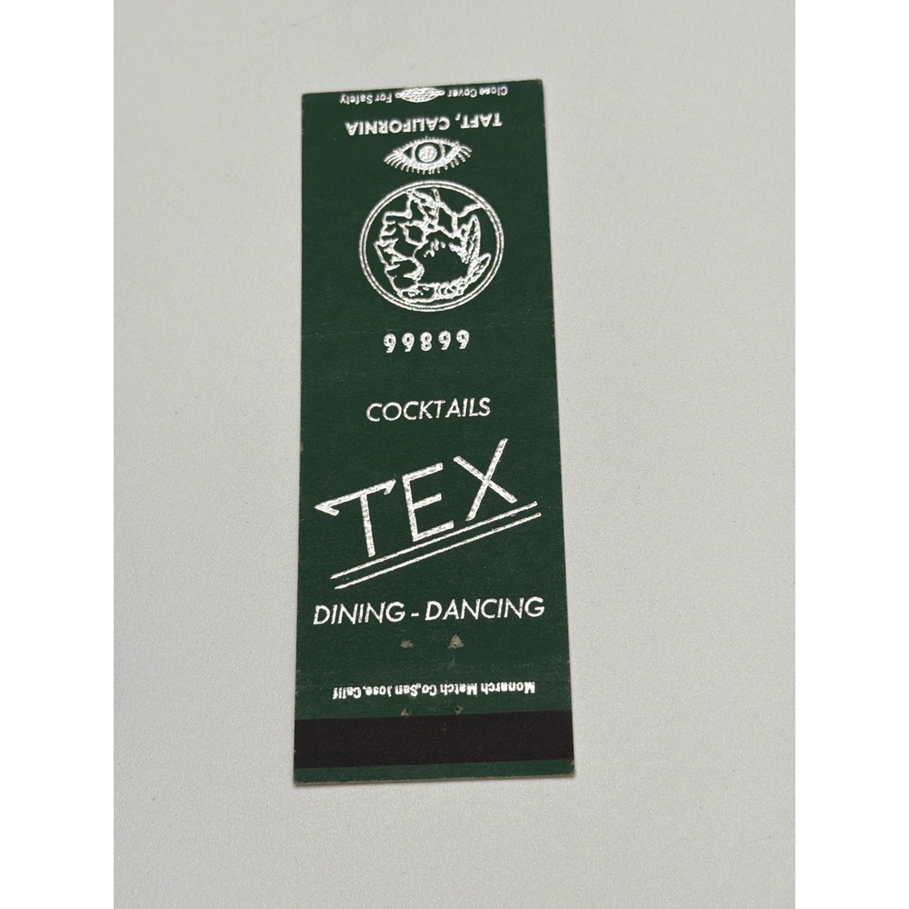 Vintage Tex Dining‎ Dancing Cocktails Matchbook Cover Taft California Green